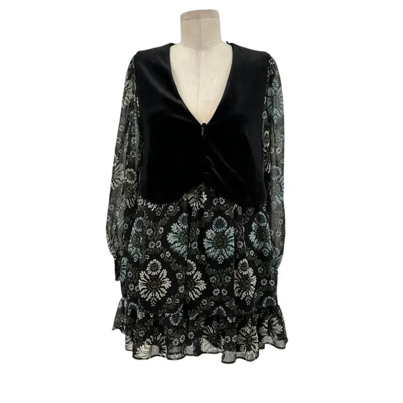 Zara Dress Floral Printed with Black Vest Velvet Layered Long Sleeve Size Small - Picture 2 of 16